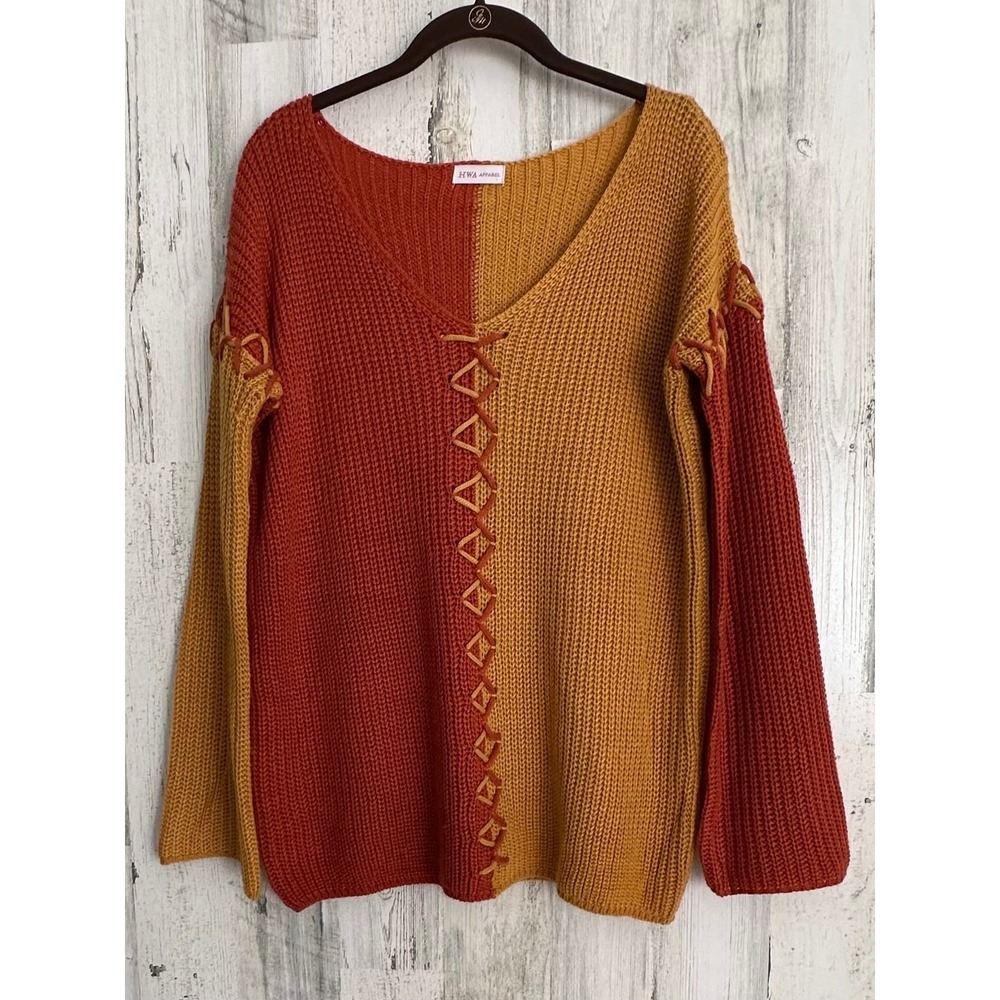 HWA Apparel Sweater S/M Orange Yellow Colorblock Lace Up V-Neck Shaker Knit